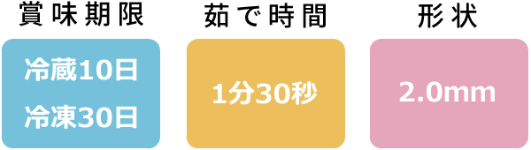 賞味期限、茹で時間、形状